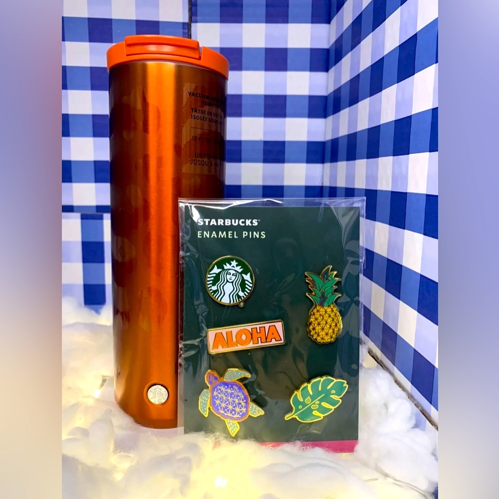 NEW Starbucks Jungle Series 16oz Red Leopard Metal Tumbler & Hawaii Pin Set